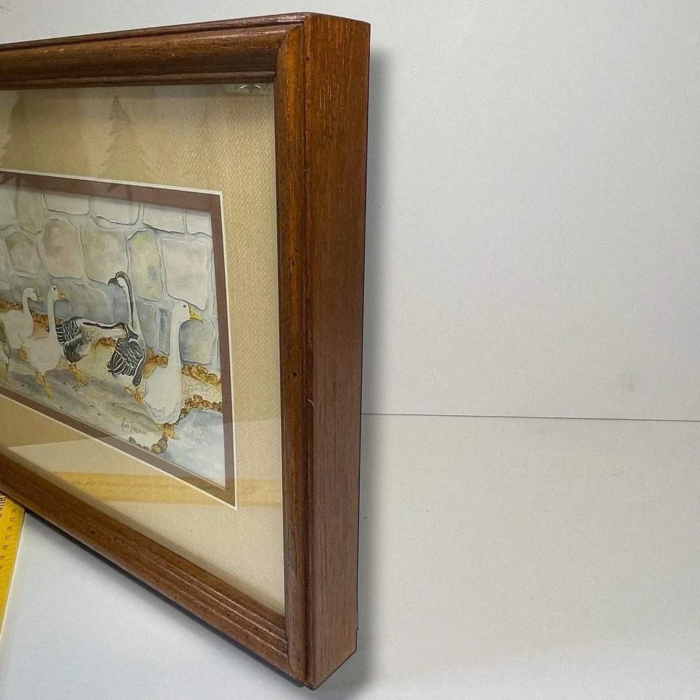 Geese Vintage Ava Freeman Watercolor Print Framed Brown Mat Wood Frame Country